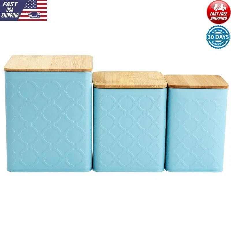 3 Piece Iron Canister Set Bamboo Lid Food Storage Kitchen Organization Home New
