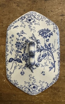 Vintage weiß & blau glasierte Keramik Schale Deckel mit Blumenmuster, Bambusgriff 
