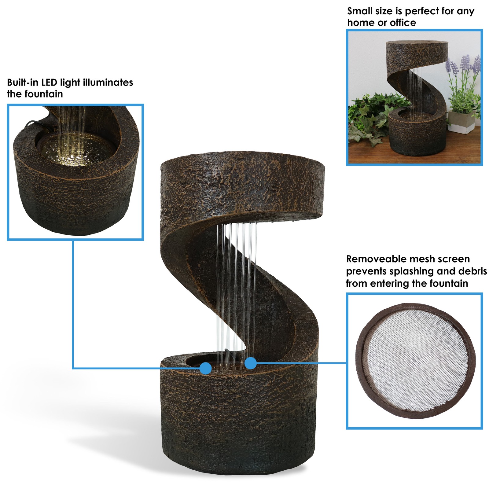 Winding Showers Polyresin Indoor Water Fountain with LED - 13 in by Sunnydaze