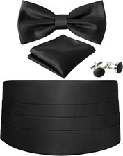 Cummerbund and Bow Tie Set Solid Color Adjustable Formal Men's Black Cumberbu...