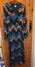 MONSOON Maxi DRESS SIZE 8 TEAL GREEN CHEVRONS Zig Zag Stripe Collar Mock Wrap