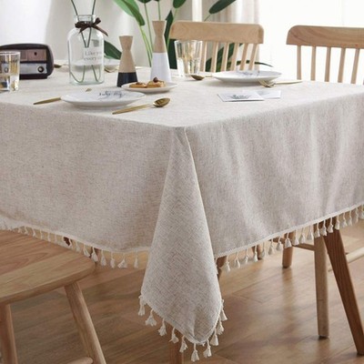 AMZALI Washable Cotton Linen Tablecloth 55x71'' Tassel Dust-Proof Kitchen Dining