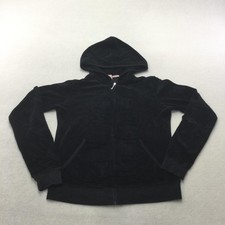 Juicy Couture Hoodie Womens Large Black Velour Full Zip Casual Sweatshirt