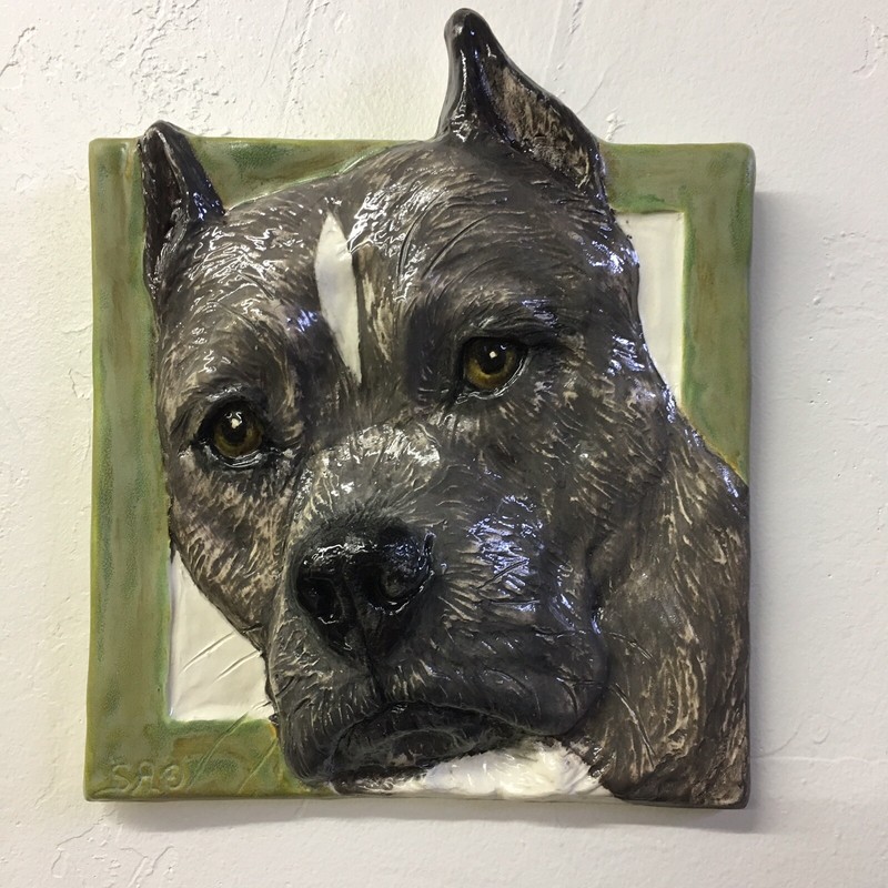 American Staffordshire Terrier Pit Bull Dog Ceramic Portrait 3D Tile In Stock 