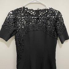 T TAHARI Black Lace Short Sleeve Dress Size 4 Formal Lined Eyelet Career Work