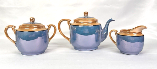Vintage Japan Blue and Peach Lusterware Teapot Sugar Creamer Set Excellent Cond. - Picture 2 of 9