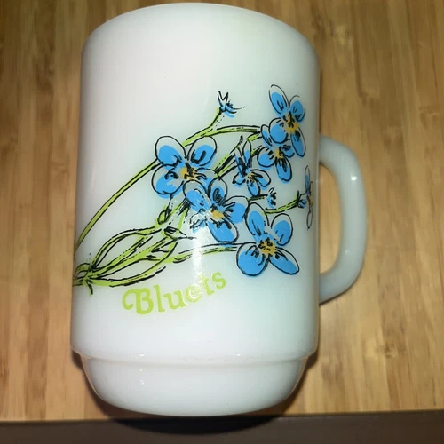 VTG Bluets Milk Glass Anchor Hocking Fire King Mug Cup Blue Floral Flower coffee