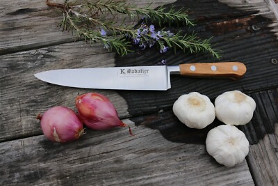 SABATIER 8 in CARBON STEEL , Chefs Knife . olivewood handle . Made in France .
