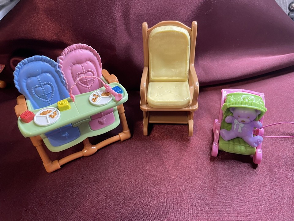 Fisher Price Loving Family Yellow Rocking Chair, Bear Stroller, Twin