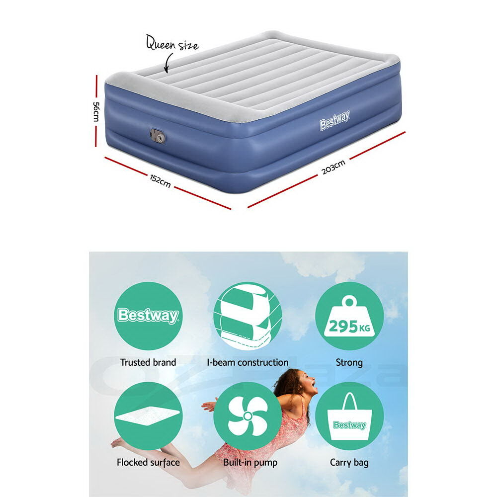 Bestway Air Bed Queen Size Mattress 56cm Premium Inflatable Builtin