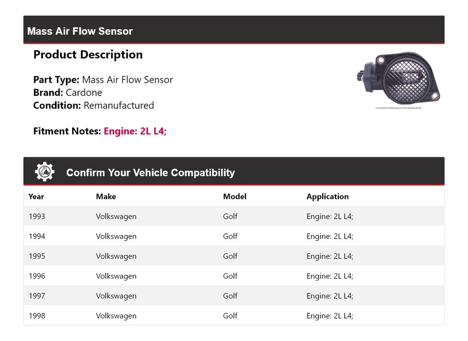 Sensor de fluxo de ar em massa Cardone 1994 1995 1996 Volkswagen Golf 2L L4 1993-1998 - Imagem 2 de 4