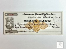 1874 Connecticut Mutual Life Bank 150 Dollar Check Bingham and Dodd Hartford