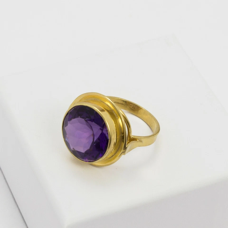 ANELLO IN ARGENTO 925 DORATO  AMETISTA IDROTERMALE TONDA REGOLABILE   AGNK 070 - Immagine 2 di 4