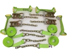 8 pt Kit 14' Hi-VIZ DIAMOND WEAVE Rollback / Flatbed Car TieDowns w/ Chain Tails