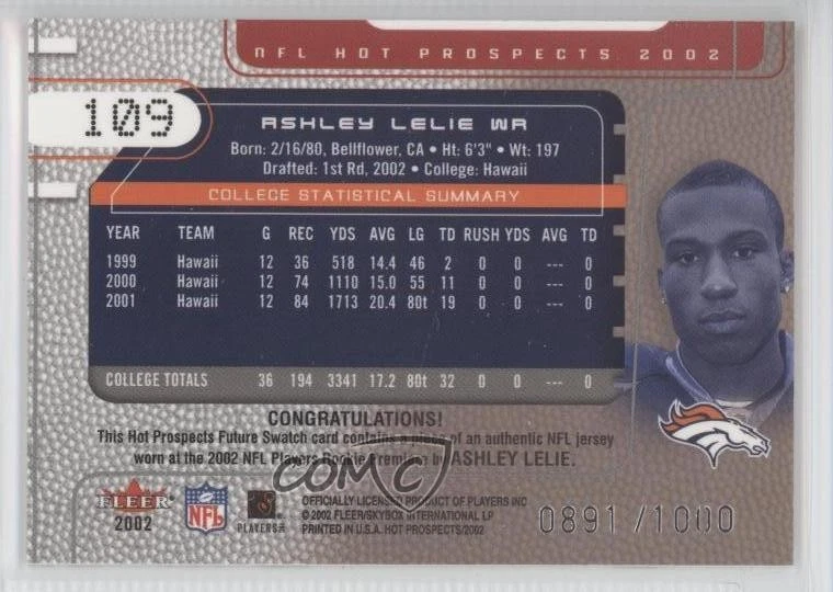 2002 Fleer Hot Prospects Future Swatch /1000 Ashley Lelie #109 Rookie RC - Image 2 of 2