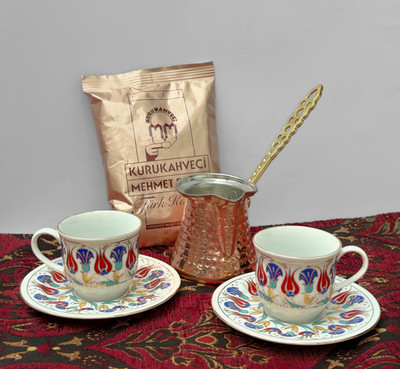 Kaffee Geschenkset für 2, Porzellantassen & Kupferkanne mit türkischem Kaffee