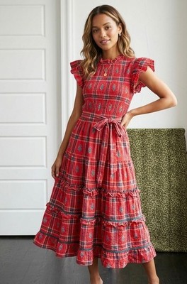 Printfresh Ready to Ruffle Organic Cotton Midi Dress in Red Nostalgia Plaid