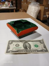 Vintage 1970's Handmade Green/Rust Color 4 Slot Square Ceramic Ashtray