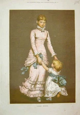 Original Old Antique Print First Steps Beautiful Colour Lady Child 1880 19th