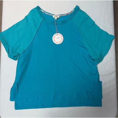 Umgee Sandy Shores Aqua Blue Mixed Media Gauze Sleeve Top K7921 Womens Small NEW