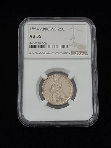 1854 Arrows Seated Liberty Quarter NGC Graded AU 55 #4466719-008
