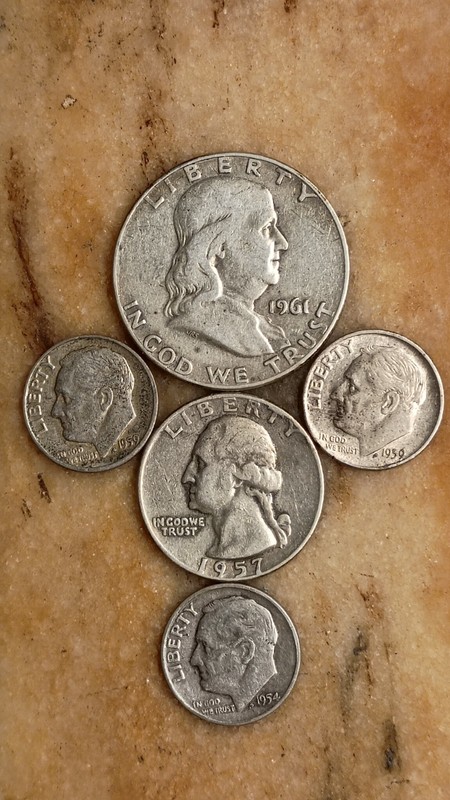 B) 90% Silver 1961 D Franklin Half 1957 D Quarter & 3 1950s  Roosevelts