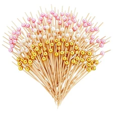 Okuna Outpost Bamboo Pearl Toothpicks - 4.7 in, 150 Count, White, Pink & Gold...