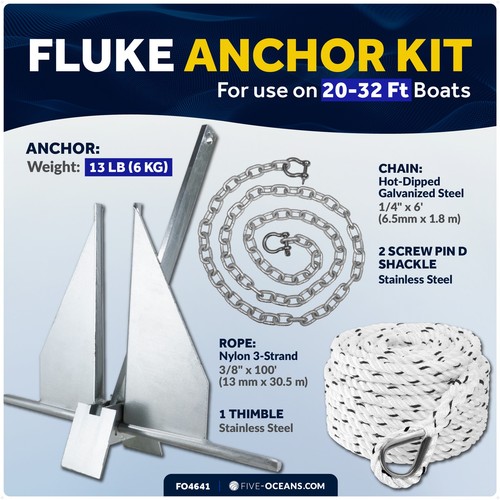 13 Lb Boat Anchor Kit, 1/4" x 6' Hot Dipped Galvanized Chain, 3/8" x 100' Rope - Imagen 2 de 8