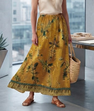 Vintage 90s Carole Little Petite Womens 2 Yellow Floral Beaded Maxi Skirt