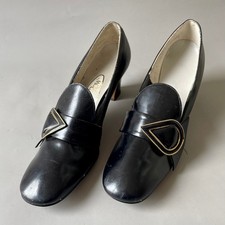 60s 70s Buckle Low Heel Pilgrim Shoes Square Toe Front Row Chunky Heel Vinyl MOD