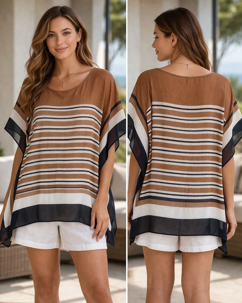 $80 Talbots Women’s Hickory Stripe Almond Poncho Silk Blend L NWT