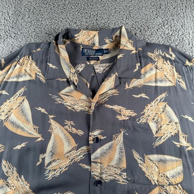 Vtg Polo Ralph Lauren Caldwell Shirt Mens XL Gray Rayon Sailboat