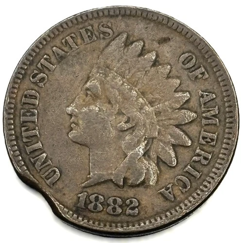 1882 Indian Cent Penny Fine Condition " Rare Error Coin Clipped Planchet" 1376