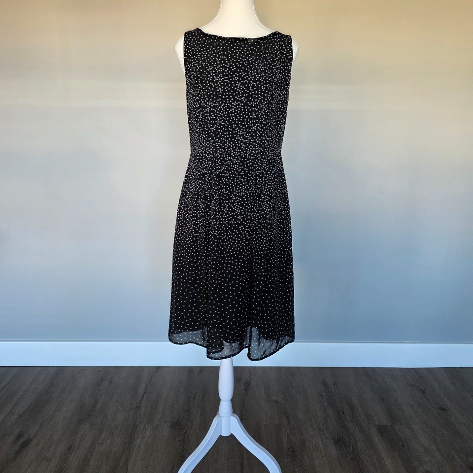 Dress DAVID LAWRENCE - Midi Sleeveless A-line Lined Black White Polka Dots 10