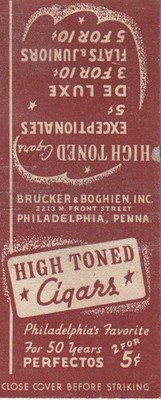 BOBTAIL MATCHBOOK COVER - HIGH TONED CIGARS PERFECTOS - BRUCKER & BOGHIEN