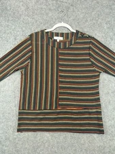 New Directions Womens Petites Shirt PM Medium Green Multi Stripe Top Half Sleeve