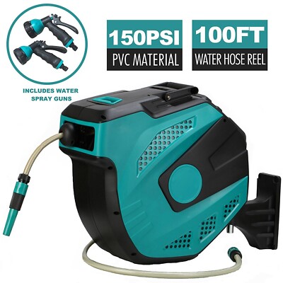100FT Retractable Hose Reel Auto Rewind Wall Mount Watering Tool W/ 2 Spray Gun