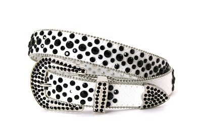 Rhinestone Western Belt Bling White Belt Black Unisex Men Pant 38 Cinto Vaquero