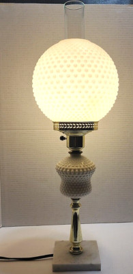 Table Lamp White Milk Glass Hobnail Hurricane Parole  Round Globe , Marble Base
