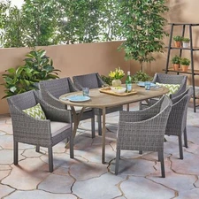 Pettit Outdoor 7 Piece Wood and Wicker Dining Set, Gray Finish and Gray