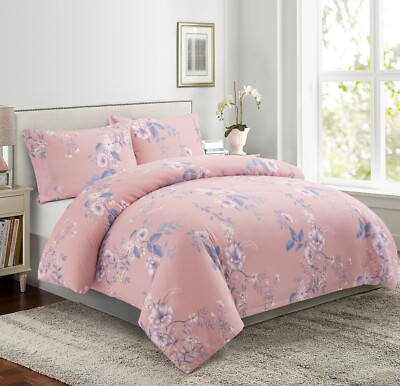 Printed Bamboo Duvet Cover Fitted Sheet Bedding Set, Purple Floral Pink Twin