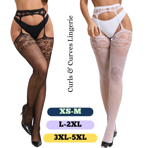 Plus Size Crotchless Fishnet Tights Comfortable Stretchy Jacquard Pantyhose - Image 3 of 4