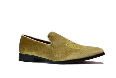 HERREN SCHWARZ HALBSCHUHE LÖWENKOPF BESTICKT SLIPPER GOLD SAMT SCHUHE GRÖßE UK 6 11