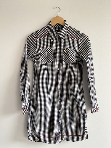 Bella Freud x Fred Perry Shirt Dress Womens UK 8 Black White Check Gingham Retro