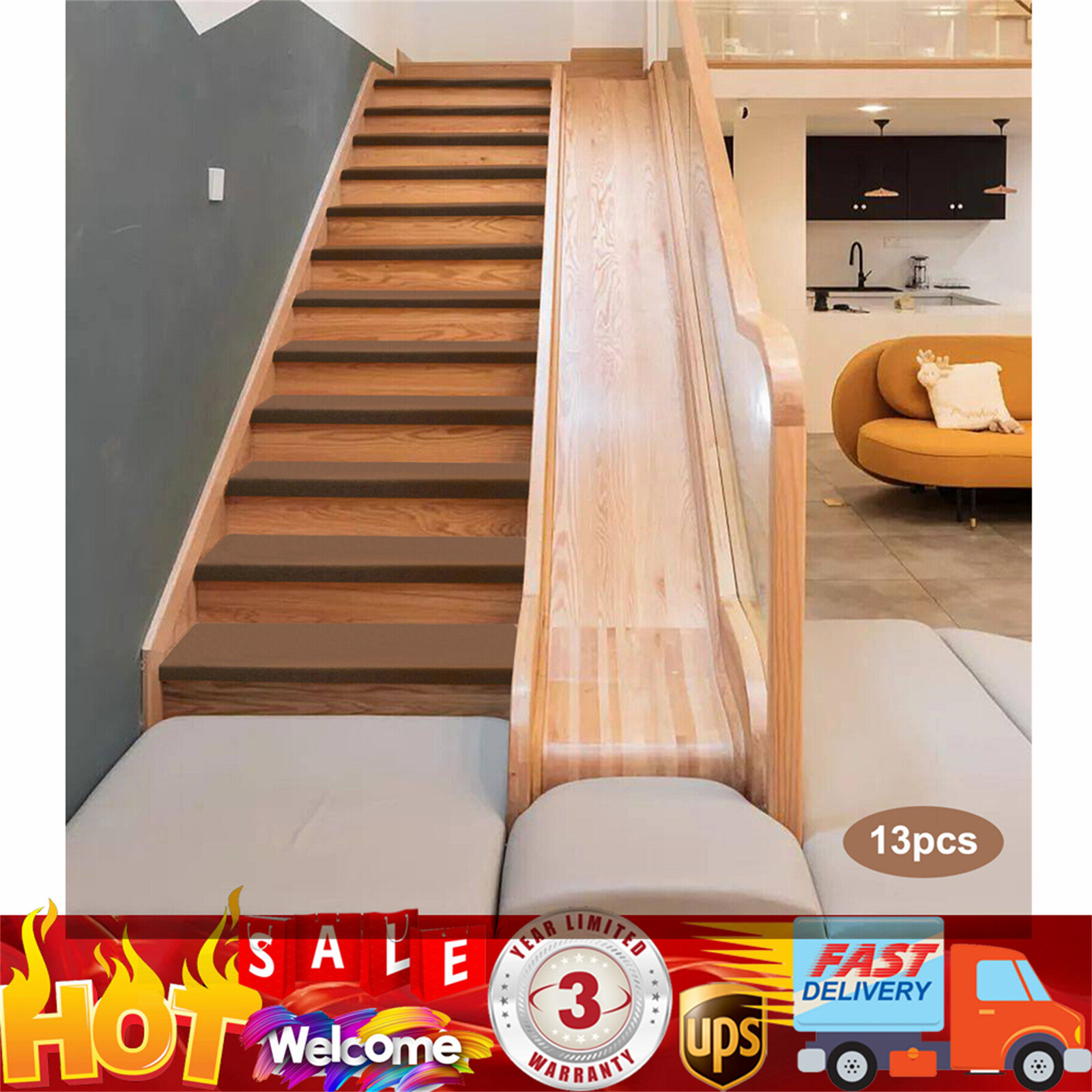 Skid-resistant Stair Treads Runners Step Pads Carpet Mats Rugs Set of 13 Brown