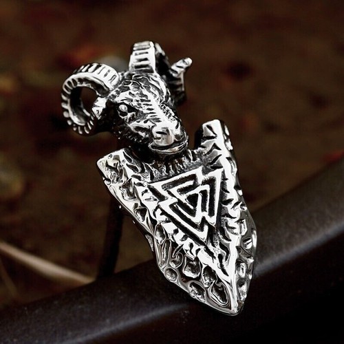 Men Vintage Nordic Viking Ram's Head Pendant Triangle Rune Animal Totem ...