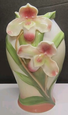 Vintage Beautiful Franz Porcelain Lady Slipper Orchid 6'' Decorative Vase 