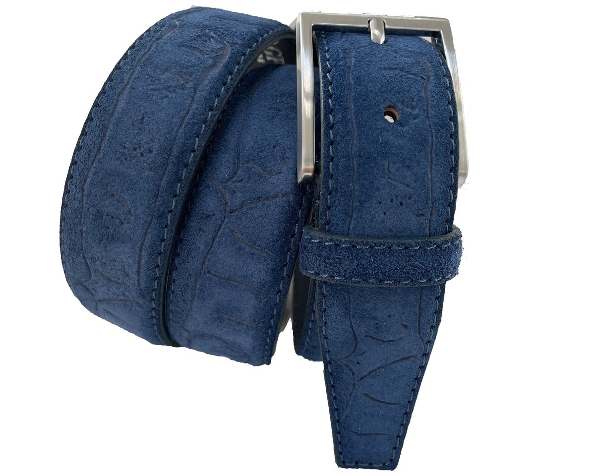 MENS SUEDE ITALIAN LEATHER BELT BLUE REPTILE EMBOSSED S,M,L 