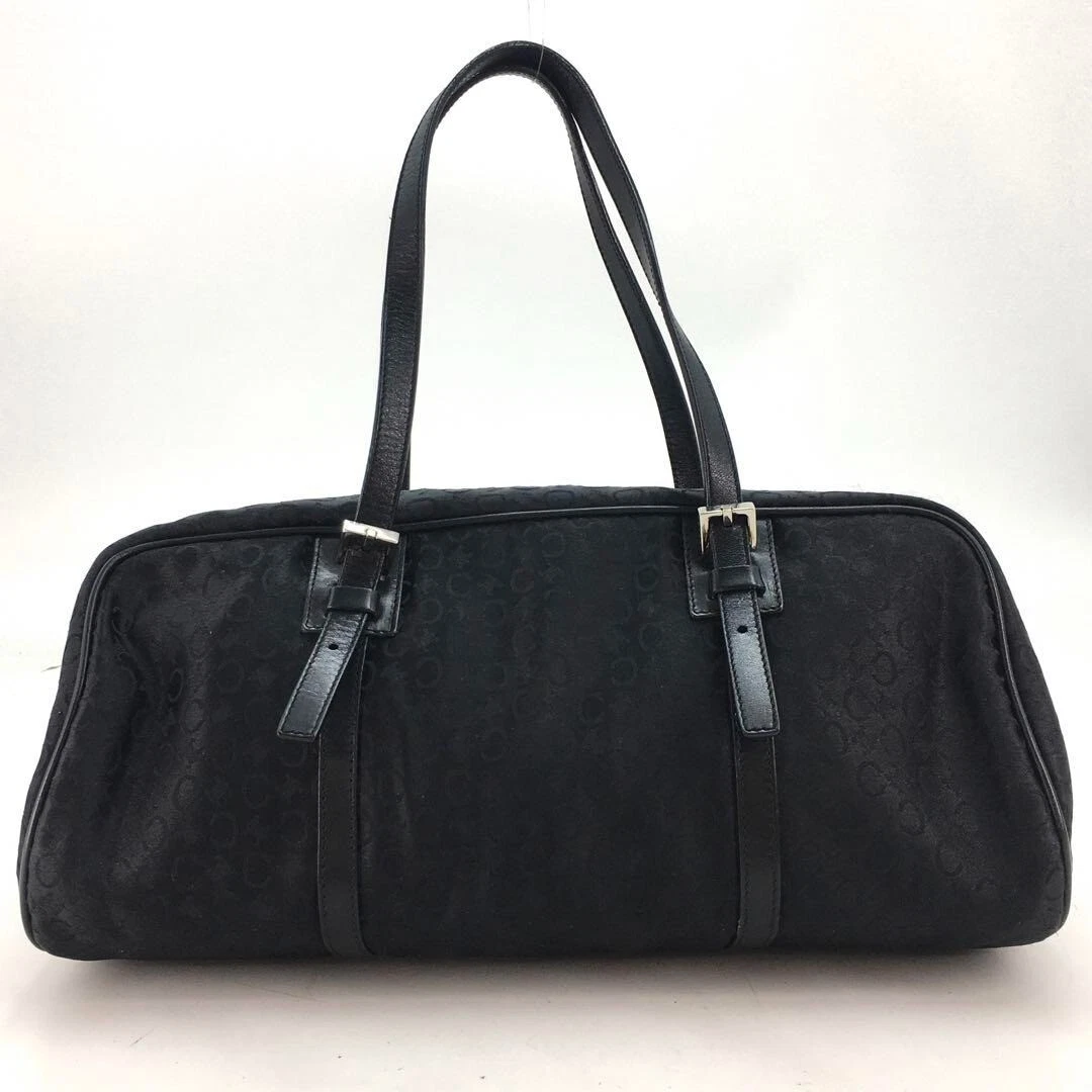 CELINE Boston borsa borsa a tracolla C macadam tela pelle nera USATA originale #S1984