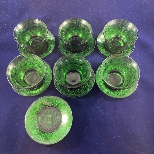 Set Of 6 Vtg. Anchor Hocking Forest Green Custard Cups with 3 Extra Underplates